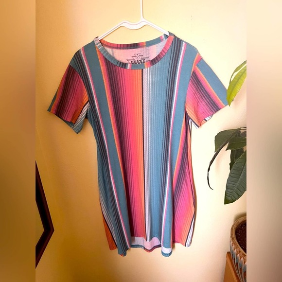 Crazy Train Dresses & Skirts - NWOT Crazy Train T-Shirt Dress Striped Turquoise Pink Dress w/pockets Small